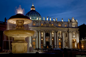 Fountain in St Peter’s Square with St Peter’s Basilica in the background